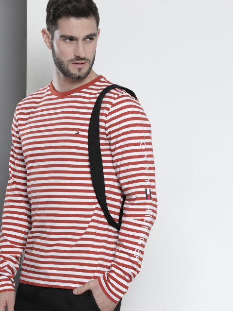 

Tommy Hilfiger Men Rust Red & White Striped Pure Cotton Casual T-shirt