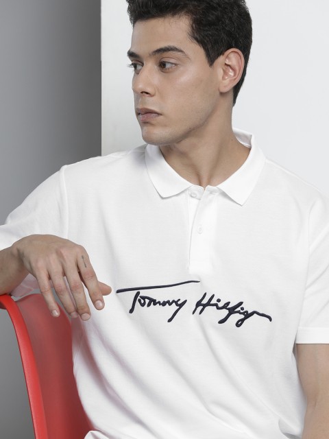 

Tommy Hilfiger Men White Brand Logo Printed Polo Collar Organic Cotton T-shirt