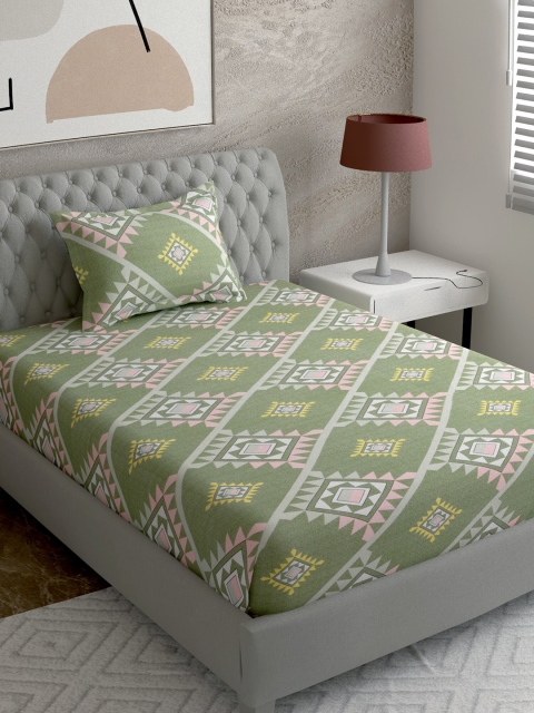 

EverHOME Green & White Geometric 144 TC Single Bedsheet with 1 Pillow Covers