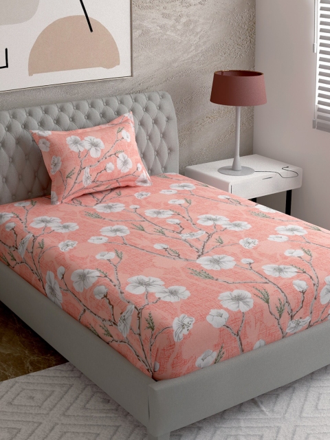

EverHOME Orange & Grey Floral Printed 144 TC Single Bedsheet With 1 Pillow Cover