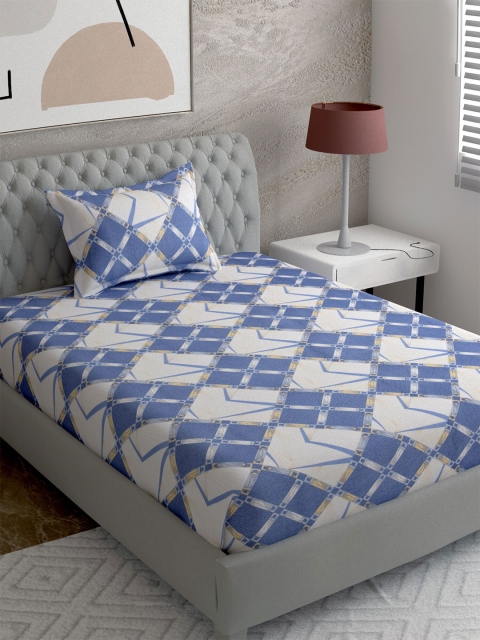 

EverHOME White & Blue Geometric 144 TC Single Superfine Bedsheet with 1 Pillow Covers