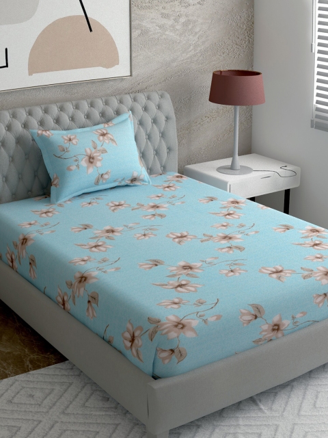 

EverHOME Blue & Beige Floral Printed 144 TC Single Bedsheet with 1 Pillow Cover