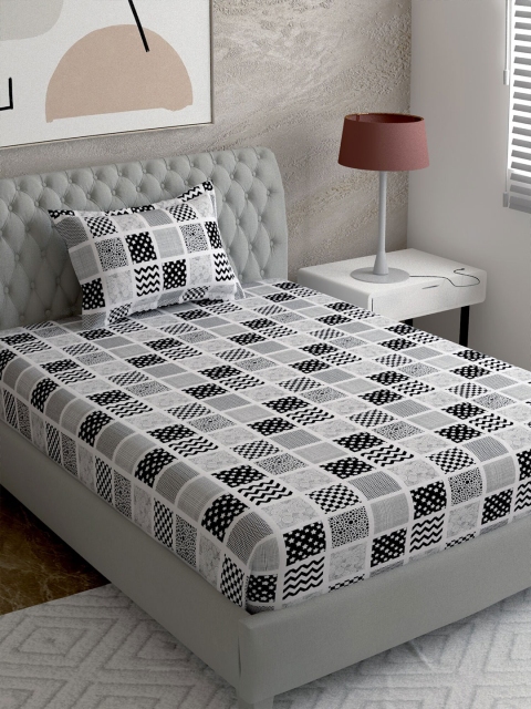 

EverHOME White & Black Geometric 144 TC Single Bedsheet with 1 Pillow Covers