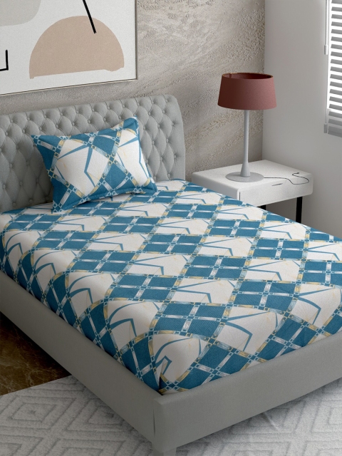 

EverHOME White & Blue Geometric 144 TC Single Bedsheet with 1 Pillow Covers