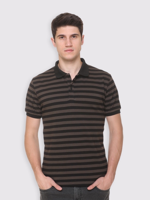 

Obaan Men Olive Green Striped Polo Collar T-shirt