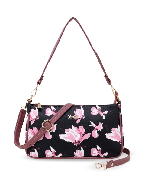 

Exotic Black Floral Printed PU Half Moon Shoulder Bag With Detachable Sling Strap