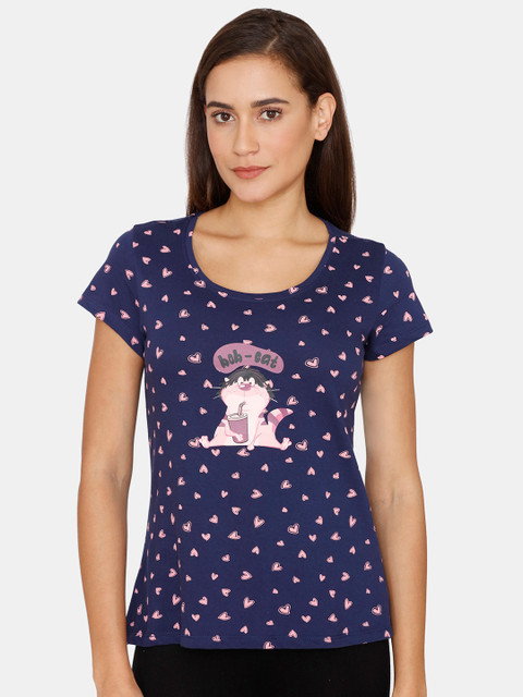 

Zivame Blue Women Printed Pure Cotton Lounge Tshirt