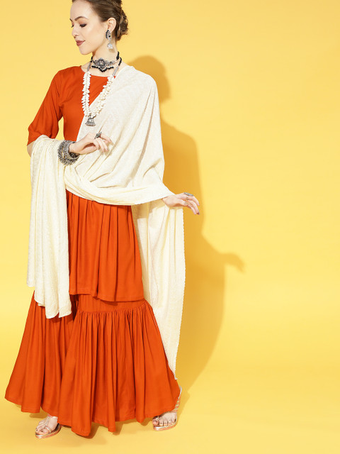 

InWeave Women Orange Angrakha Kurta with Sharara & With Dupatta