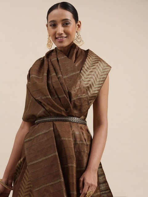 

aamna Women Brown & Golden Silk Cotton Bhagalpuri Saree
