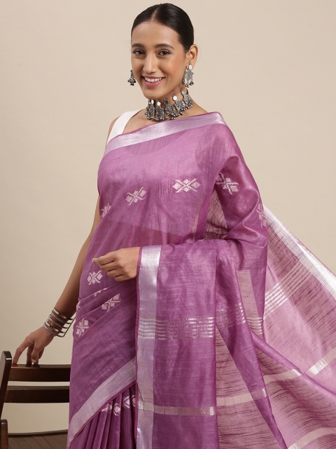 

aamna Women Purple & Silver Silk Cotton Bhagalpuri Saree
