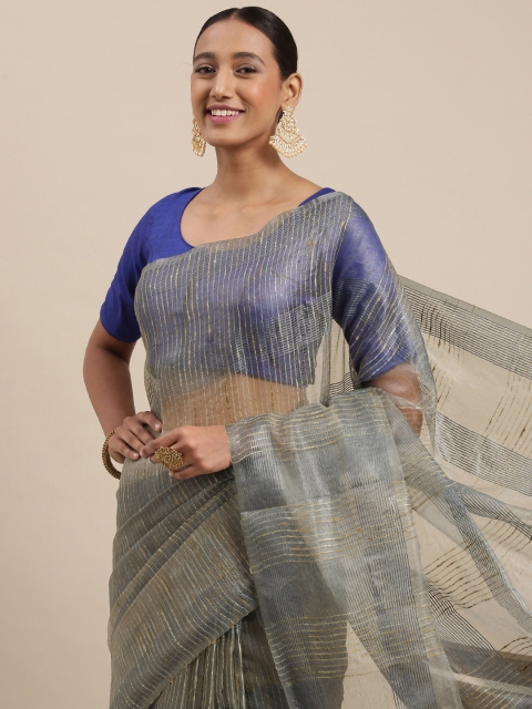 

aamna Women Grey & Golden Jute Cotton Bhagalpuri Saree