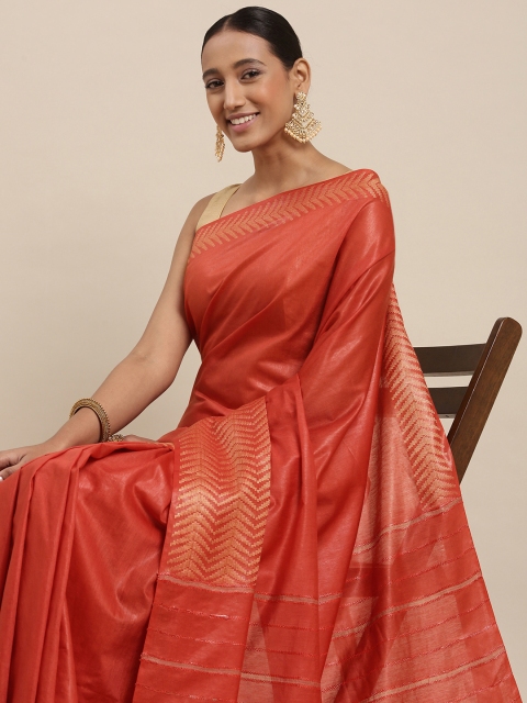 

aamna Rust Orange & Golden Solid Bhagalpuri Saree