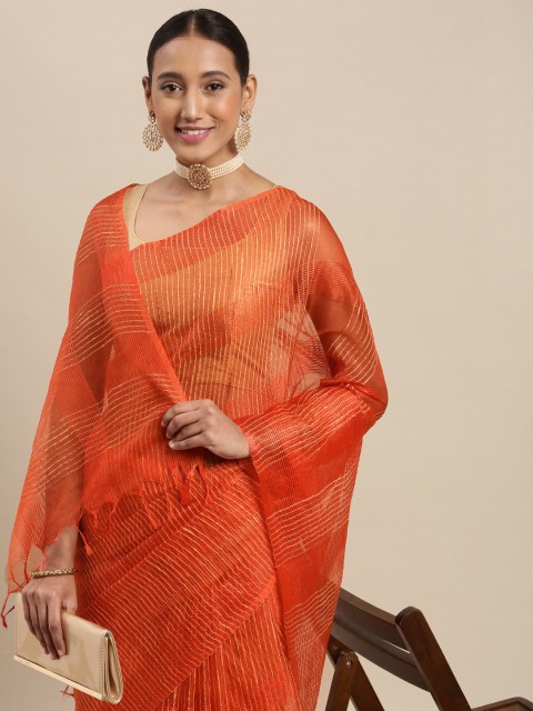 

aamna Rust Orange & Golden Striped Bhagalpuri Saree