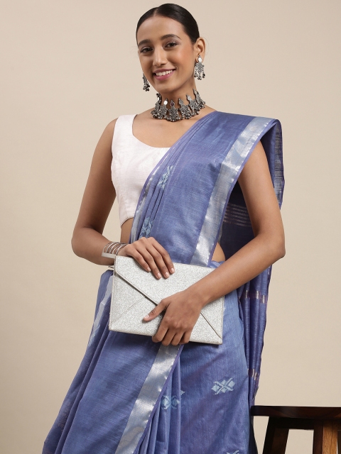 

aamna Women Blue & Silver Silk Cotton Bhagalpuri Saree