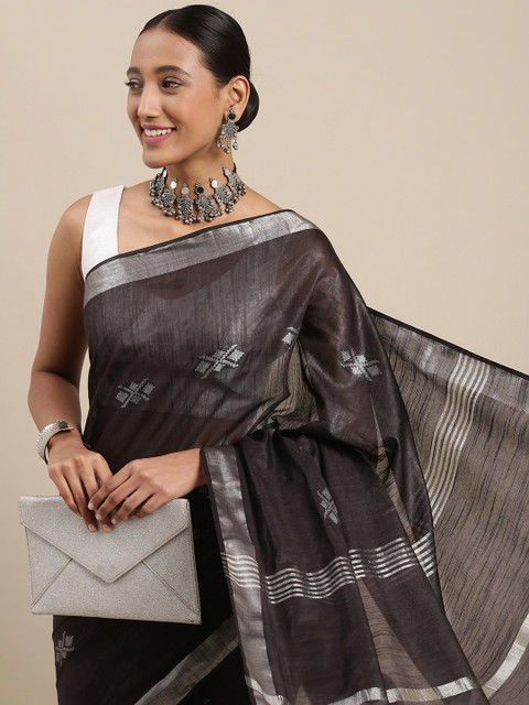 

aamna Black & Silver Ethnic Woven Design Bhagalpuri Saree