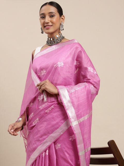 

aamna Women Pink & Silver Silk Cotton Bhagalpuri Saree