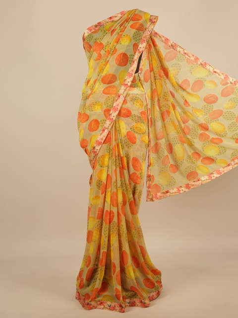 

Pothys Yellow & Orange Abstract Print Chiffon Saree
