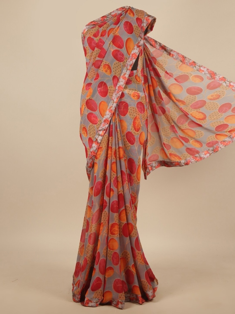 

Pothys Grey & Red Geometric Printed Poly Chiffon Saree