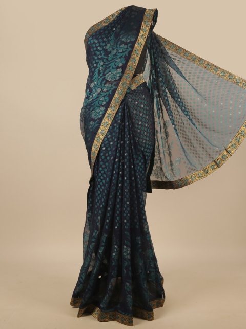 

Pothys Navy Blue & Gold-Toned Woven Design Zari Poly Chiffon Saree