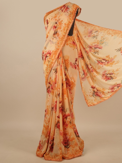 

Pothys Peach-Coloured & Red Floral Poly Chiffon Bhagalpuri Saree