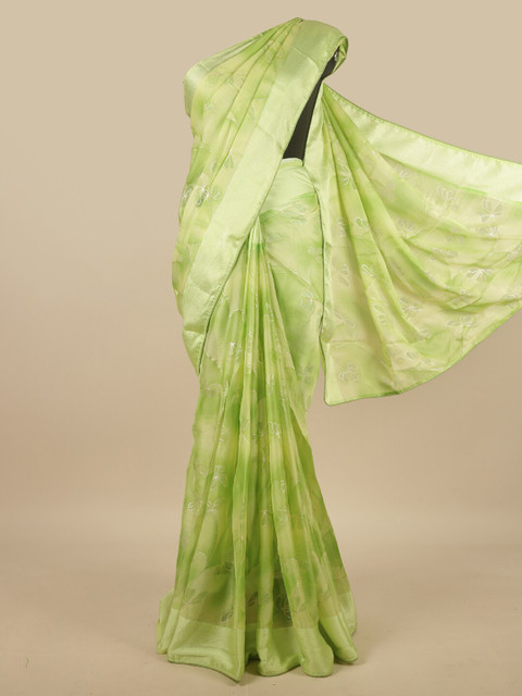 

Pothys Green & White Thread Work Floral Poly Chiffon Saree