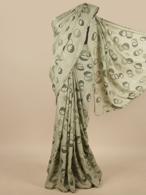 

Pothys Green & White Sequinned Embellished Poly Chiffon Saree