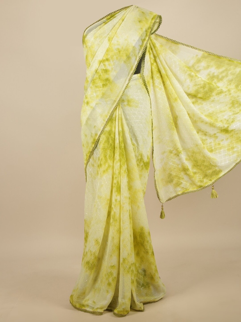 

Pothys Green & White Thread Work Faded Effect Poly Chiffon Saree