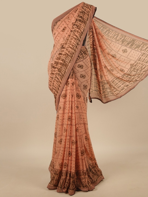 

Pothys Peach & Brown Geometric Printed Poly Chiffon Saree