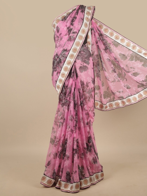 

Pothys Pink & Grey Floral Printed Poly Chiffon Saree