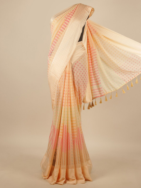 

Pothys Cream-Coloured & Orange Foil Printed Poly Chiffon Saree