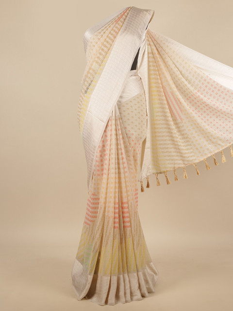 

Pothys Peach-Coloured & Silver-Toned Chiffon Saree