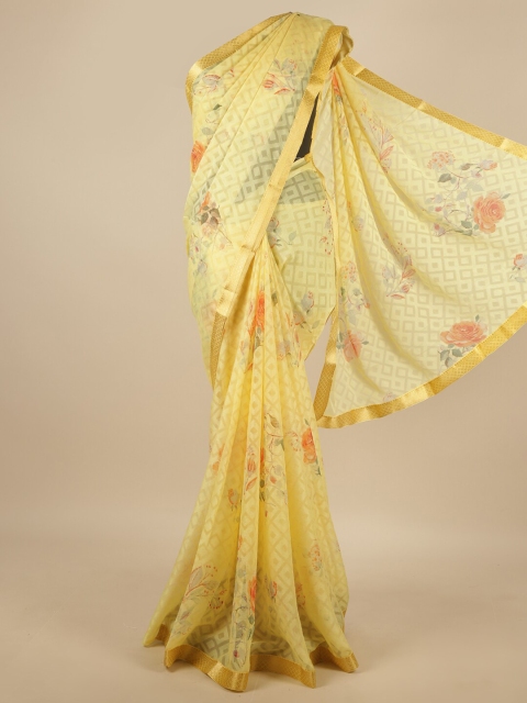 

Pothys Yellow & Gold-Toned Floral Printed Zari Saree