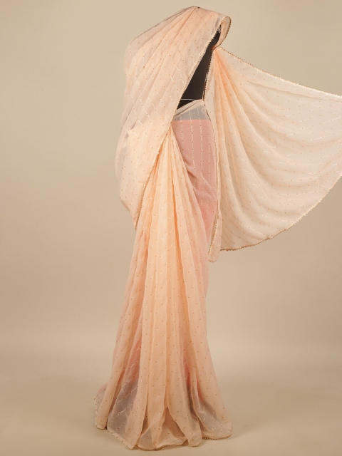 

Pothys Peach-Coloured & Gold-Toned Printed Poly Chiffon Saree