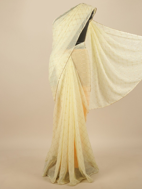 

Pothys Yellow & Silver Checked Poly Chiffon Saree