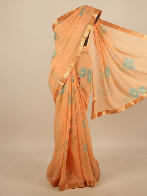 

Pothys Orange & Blue Floral Printed Zari Poly Chiffon Saree