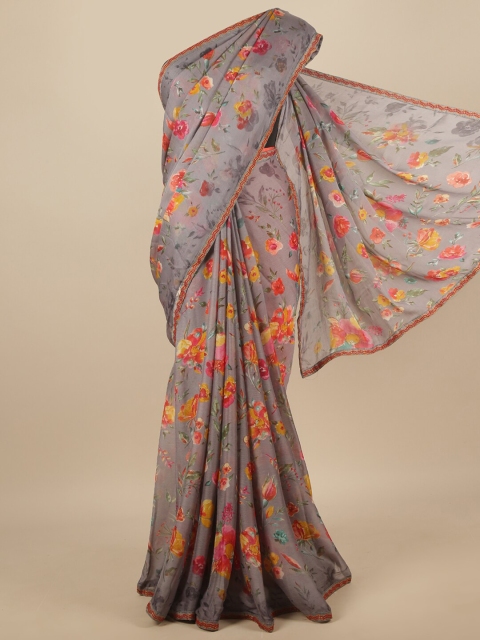 

Pothys Grey & Orange Floral Chiffon Saree