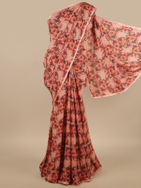 

Pothys Pink & Orange Sequined Thread Work Poly Chiffon Floral Saree