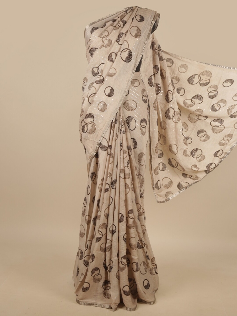 

Pothys Cream-Coloured & Brown Sequinned Saree