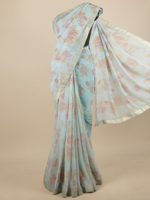 

Pothys Blue & Pink Floral Sequinned Thread Work Poly Chiffon Saree