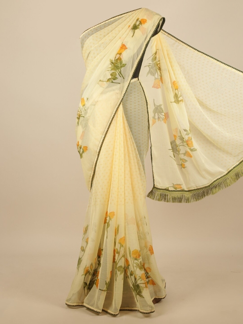 

Pothys Yellow & Green Floral Printed Poly Chiffon Saree
