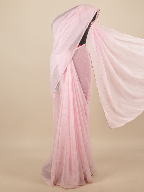 

Pothys Pink & Gold-Toned Striped Embellished Saree