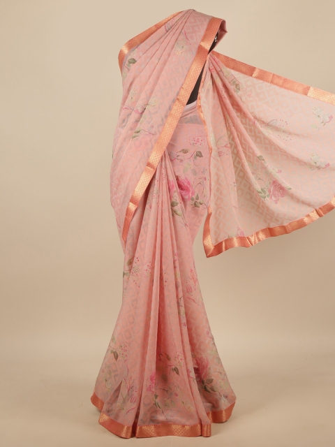 

Pothys Peach-Coloured & Green Floral Poly Chiffon Zari Saree