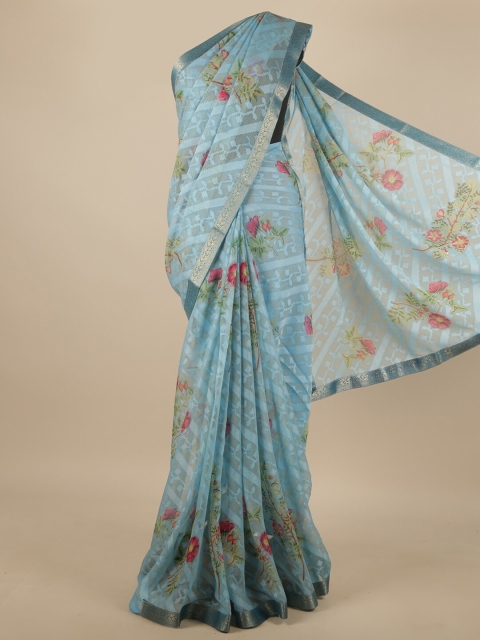 

Pothys Blue & Magenta Floral Printed Zari Border Poly Chiffon Saree