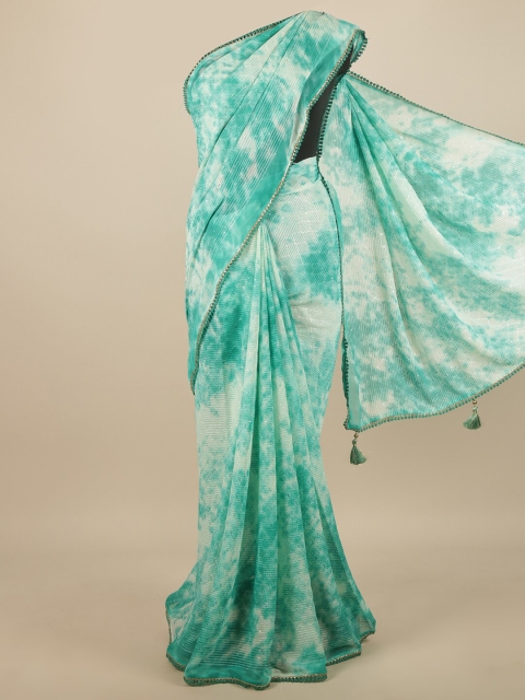 

Pothys Green & White Tie and Dye Sequinned Thread Work Poly Chiffon Saree