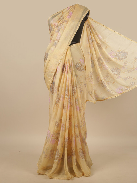 

Pothys Cream-Coloured & Pink Floral Beads and Stones Chiffon Saree