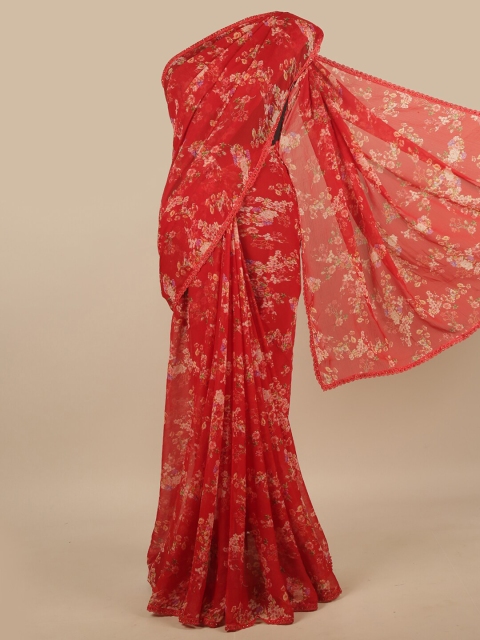 

Pothys Red & Cream-Coloured Floral Poly Chiffon Saree