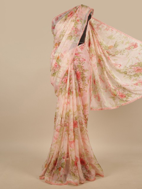 

Pothys Peach-Coloured & Green Floral Printed & Stones Poly Chiffon Saree