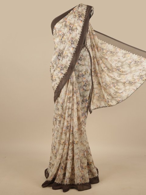 

Pothys Cream-Coloured & Grey Floral Sequinned Saree