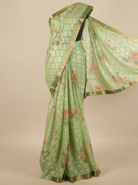 

Pothys Green & Orange Floral Poly Chiffon Zari Saree