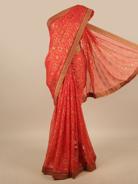 

Pothys Orange & Gold-Toned Floral Chiffon Saree